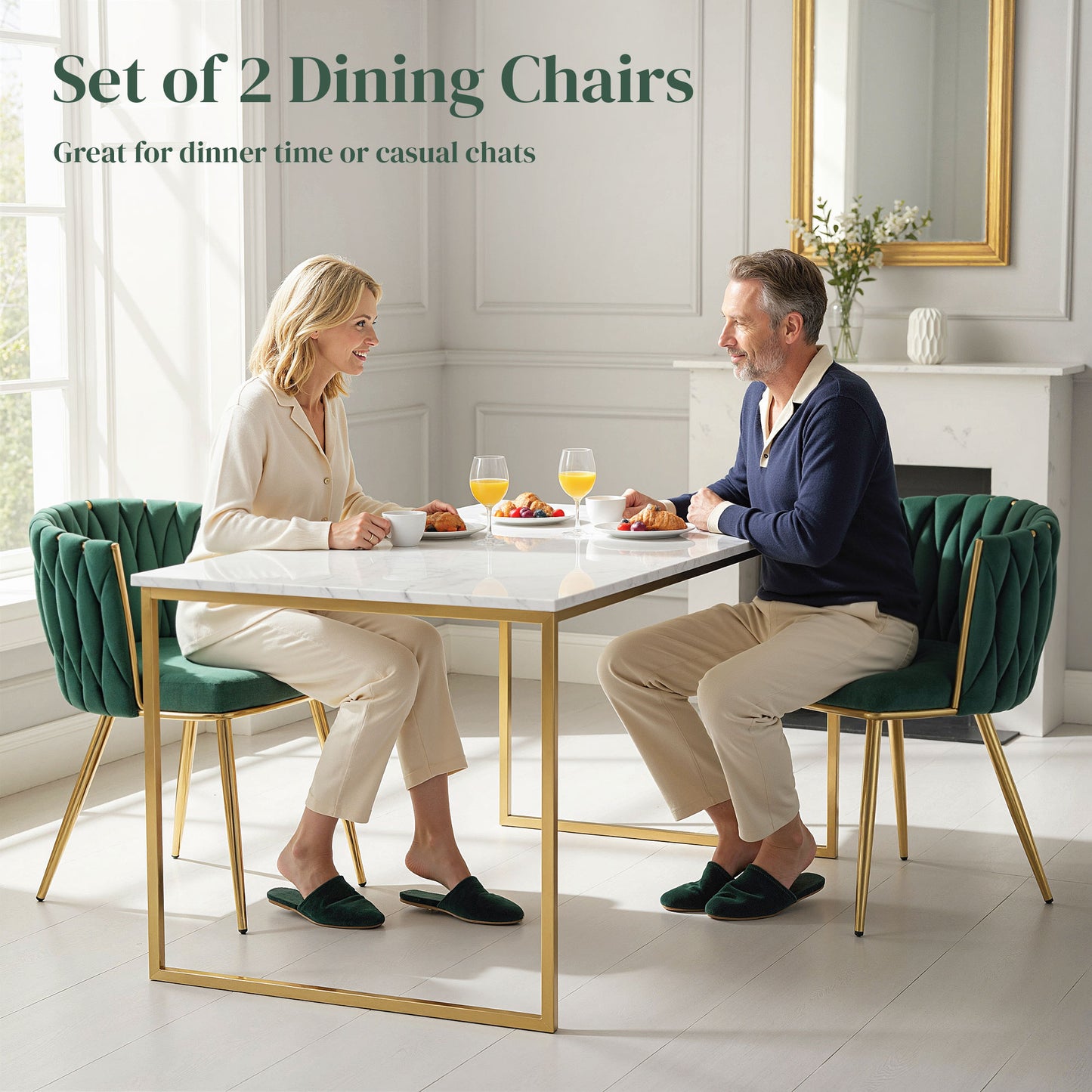 HOMCOM Velvet-Feel Dining Chairs Set of 2, Modern Upholstered Armchair with Knot Design and Golden Metal Legs, Accent Chair for Dining Room, Bedroom, Kitchen, Living Room, Dark Green