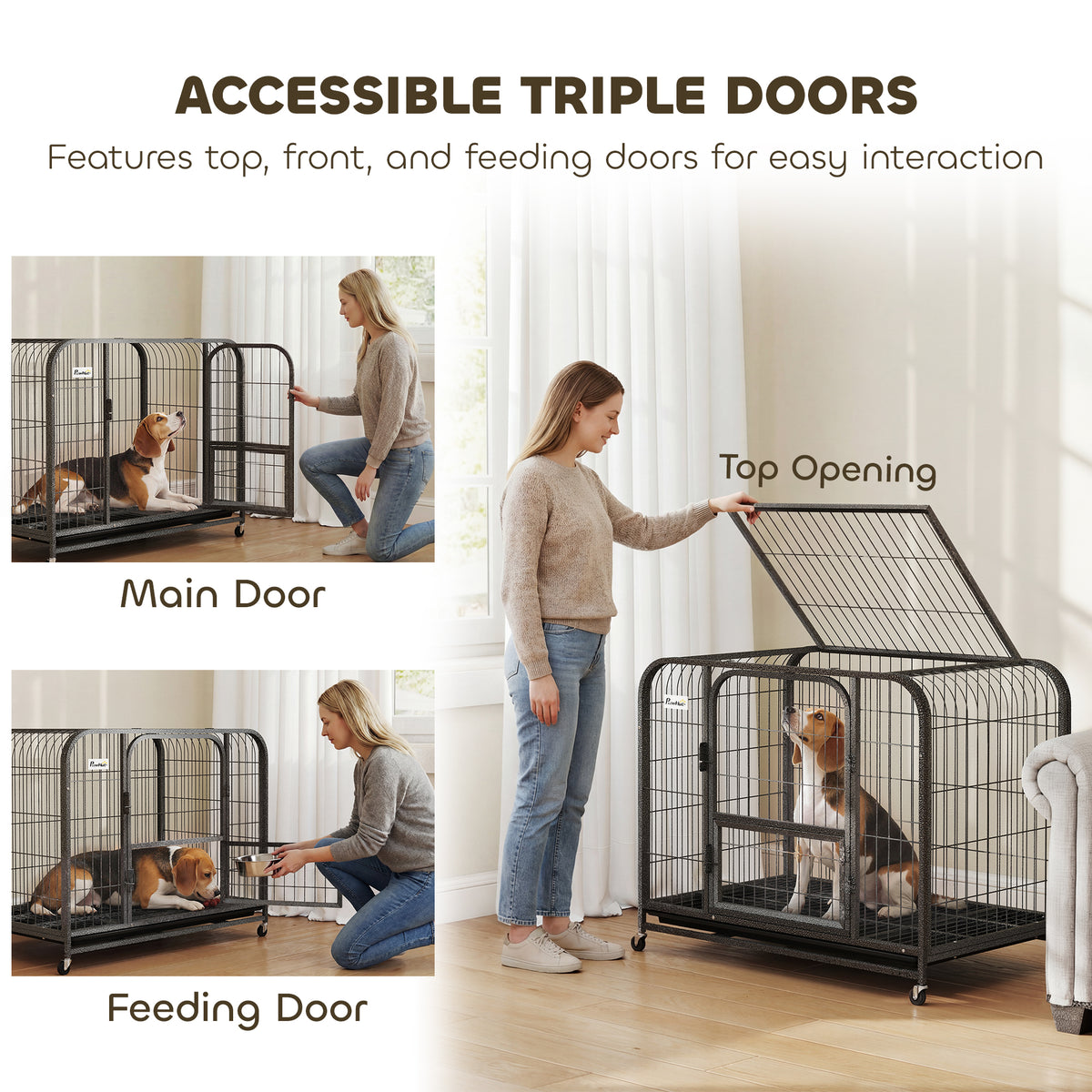 PawHut Heavy Duty Large Dog Crate with Accessible Triple Door for Small to Medium Dogs, Black