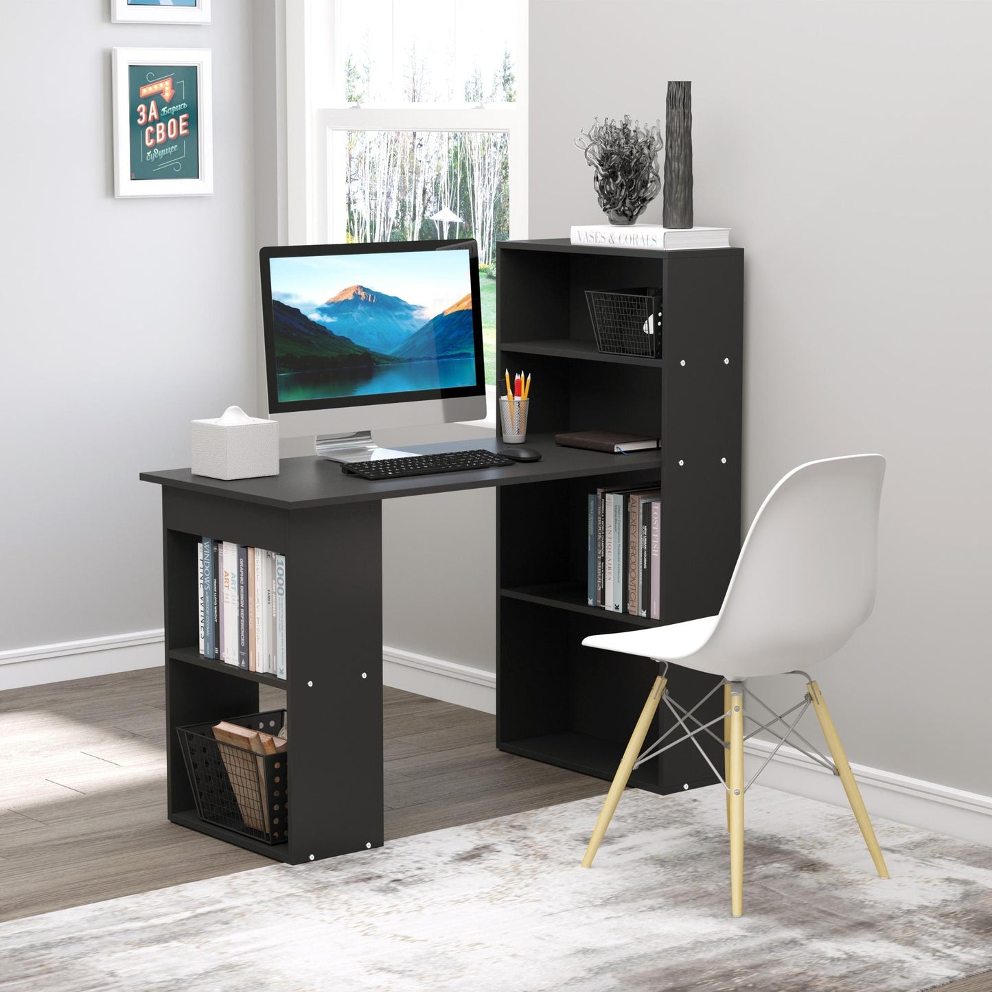HOMCOM 120cm Computer Desk, Wooden PC Laptop Table with 6-Tier Storage Bookshelves, Home Office Working Study Desk, Writing Workstation, Black
