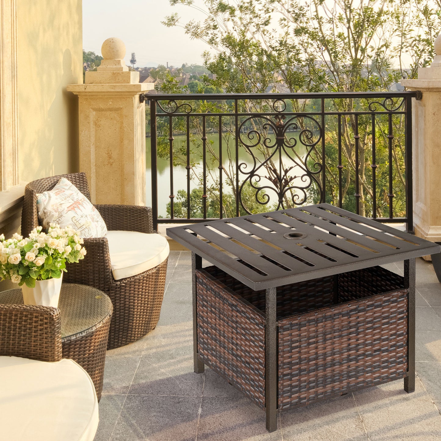 Outsunny Rattan Garden Coffee Table, 55.5 cm Square Wicker Patio Side Coffee Table with 4 cm Umbrella Hole, Metal Bottom and Slatted Top for Outdoor, Balcony, Brown