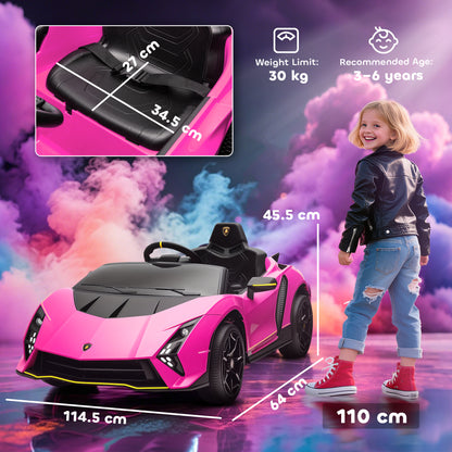 Pink Lamborghini Autentica ride-on car with size measurements and single-seat interior
