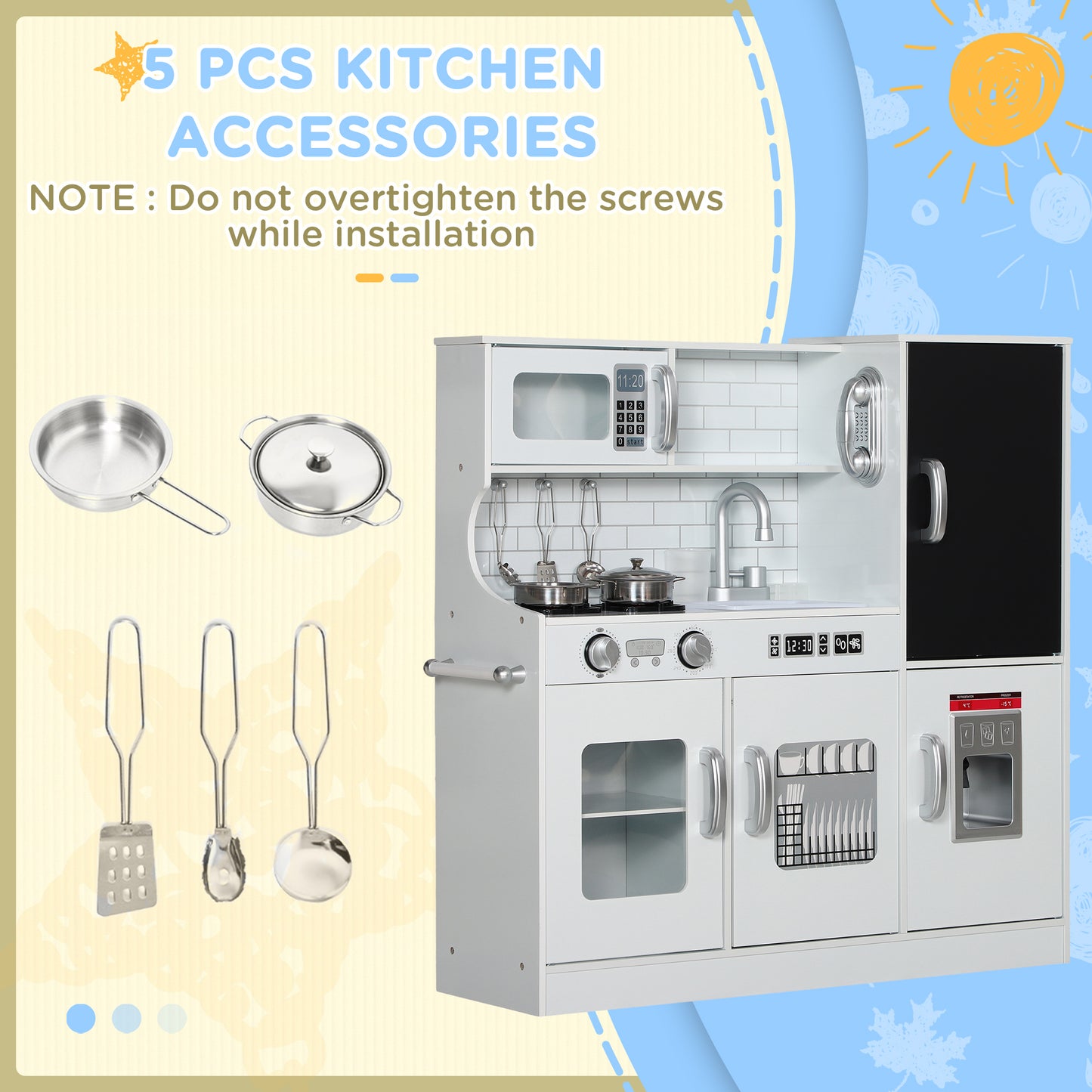 AIYAPLAY Pretend Play Kitchen, Kids Kitchen Playset, with Toy Phone, Chalkboard, Microwave, Cooking Stove, Sink, White