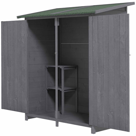 Photo of Outsunny 139 x 75 Fir Wood Garden Shed with Asphalt Roof and Secure Double Doors - Grey in Grey colour on a white background