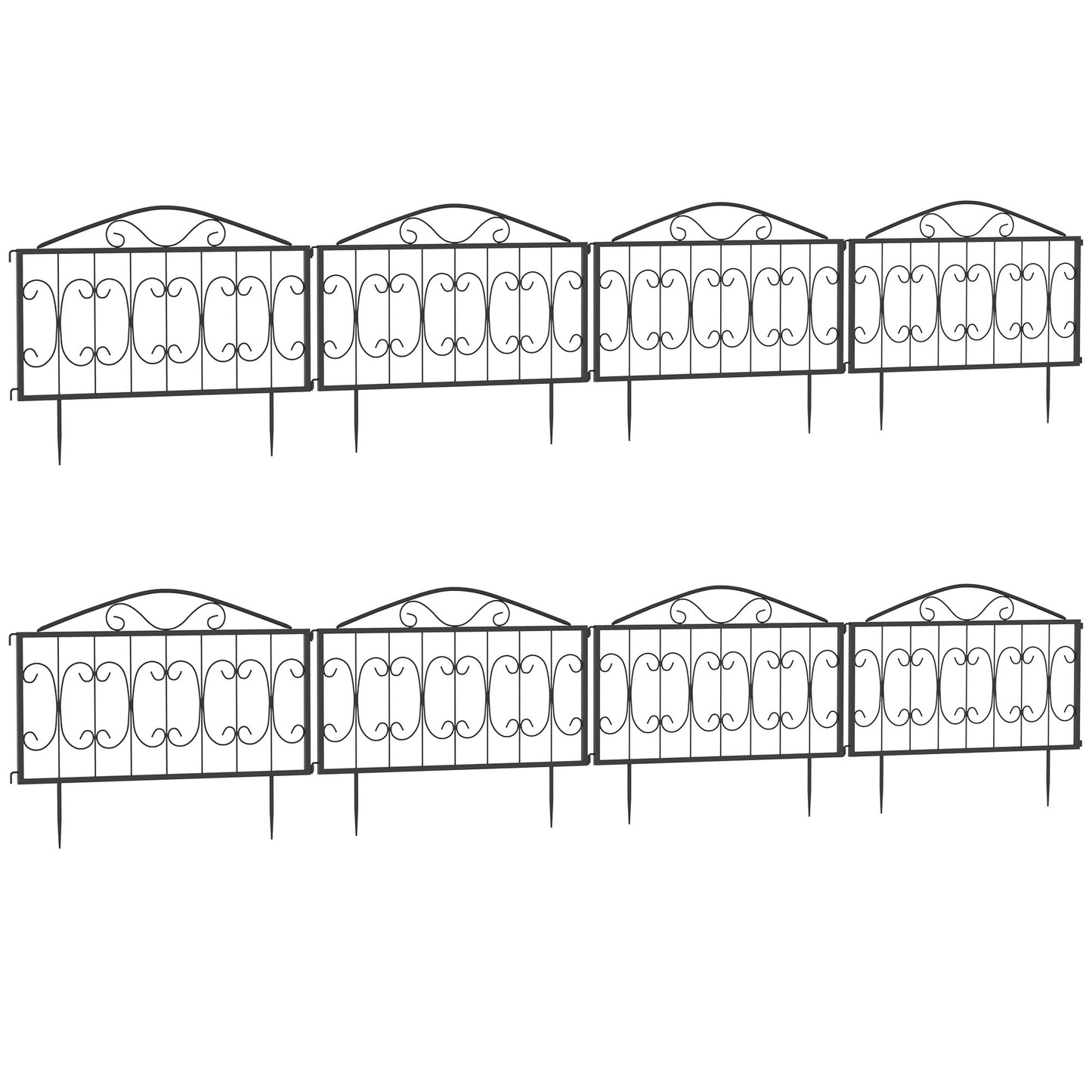 Photo of Outsunny Decorative Garden Fencing, 8PCs Outdoor Picket Fence Panels, Rustproof Metal Wire Landscape Flower Bed Border Edging Animal Barrier, Black in Black colour on a white background