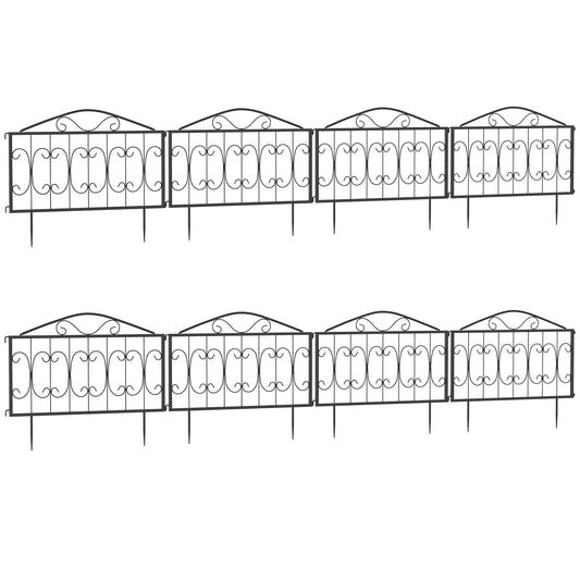 Photo of Outsunny Decorative Garden Fencing, 8PCs Outdoor Picket Fence Panels, Rustproof Metal Wire Landscape Flower Bed Border Edging Animal Barrier, Black in Black colour on a white background