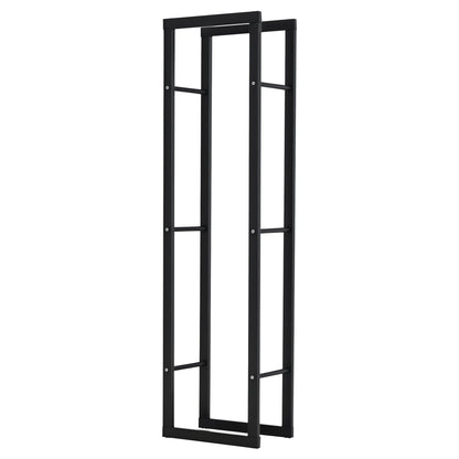 Tall black metal firewood rack shown from an angled view