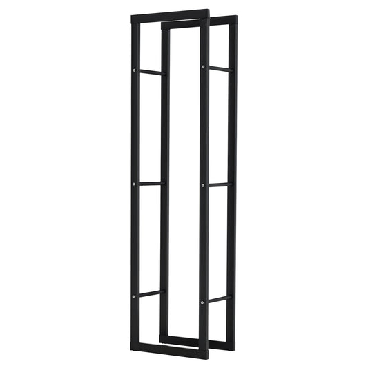 Tall black metal firewood rack shown from an angled view