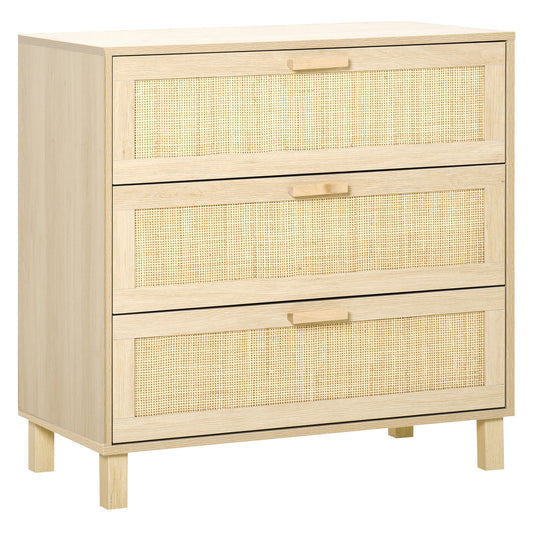Photo of HOMCOM Rattan Bedroom Chest of Drawers, 3 Drawers Storage Unit, Boho Dresser for Living Room, Hallway, Natural in Natural colour on a white background