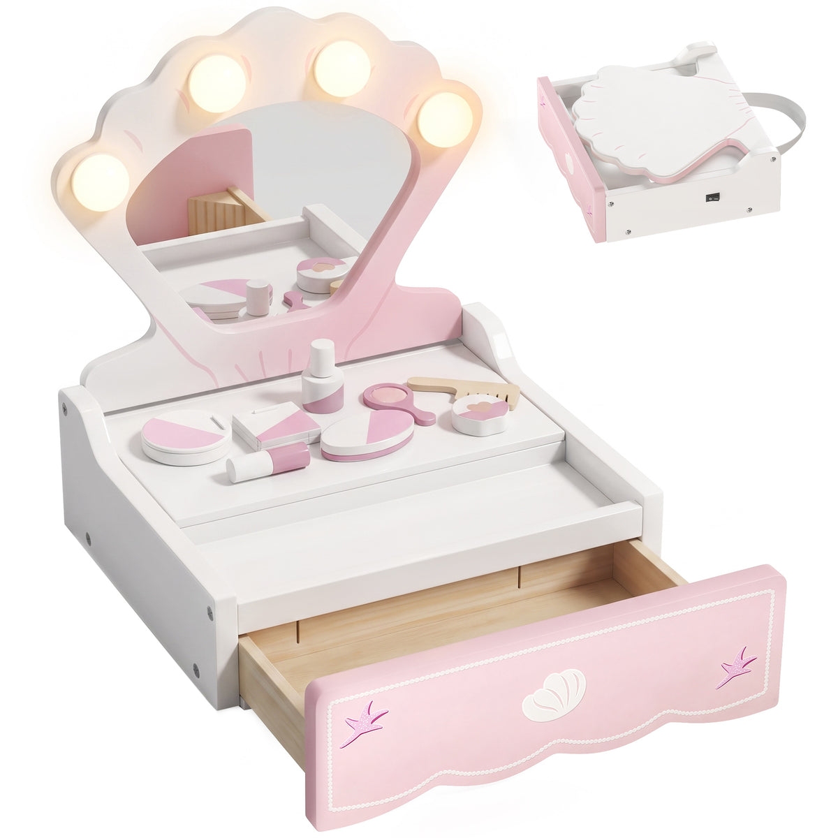 Photo of AIYAPLAY Kids Dressing Table, Portable Vanity Table with Lights, Mirror, Drawer, Accessories, Gift for 3-6 Years in Years colour on a white background
