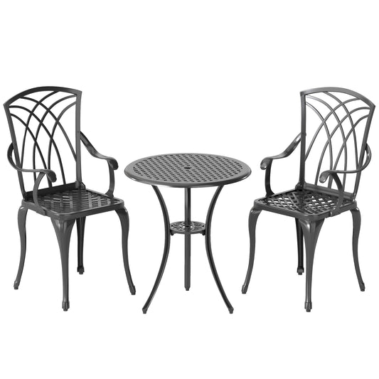 Photo of Outsunny 3 Pieces Garden Dining Set for 2, Cast Aluminium Outdoor Dining Set with 2 Armchairs and Round Dining Table with Parasol Hole, Garden Furniture Bistro Set, Brown in Brown colour on a white background