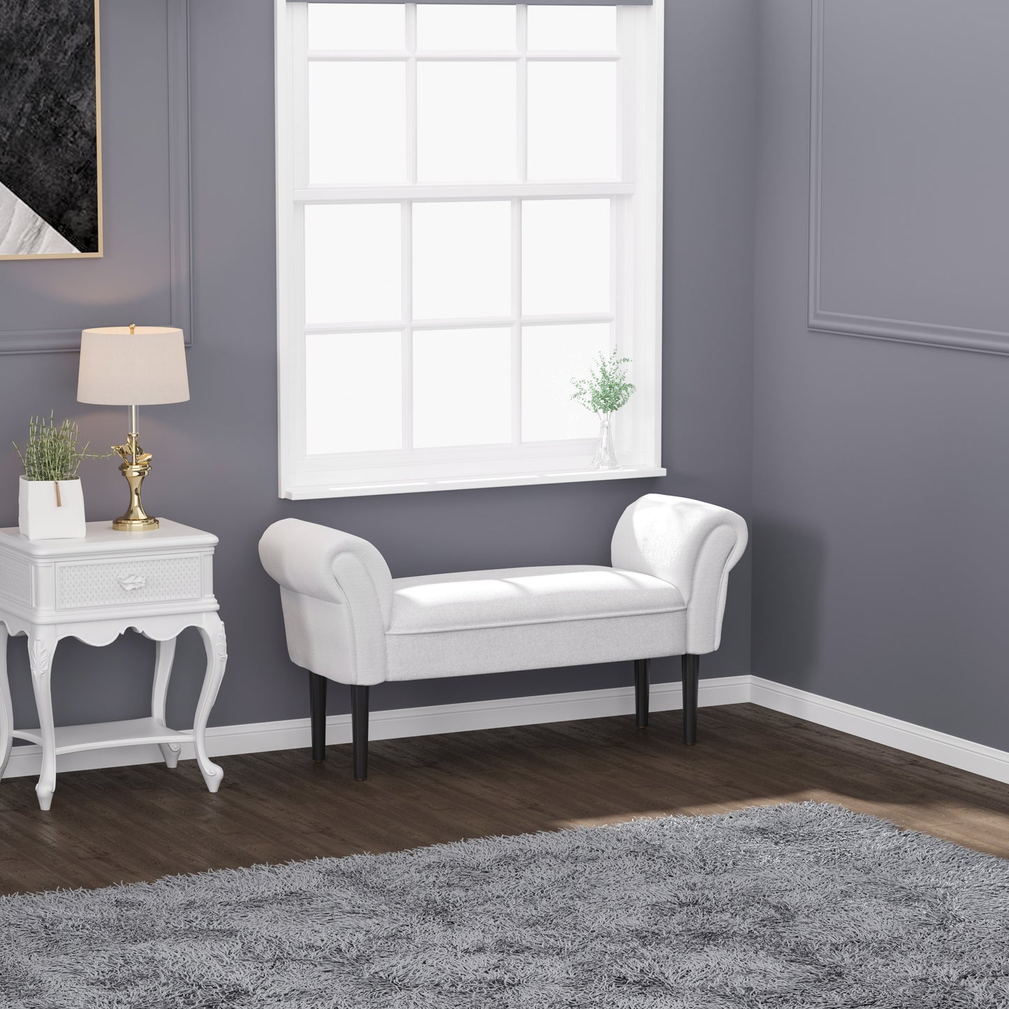 HOMCOM End of Bed Bench, Upholstered Window Seat with Arms and Wooden Legs, Modern Shoe Bench for Entryway, Living Room, Bedroom, Greyish White