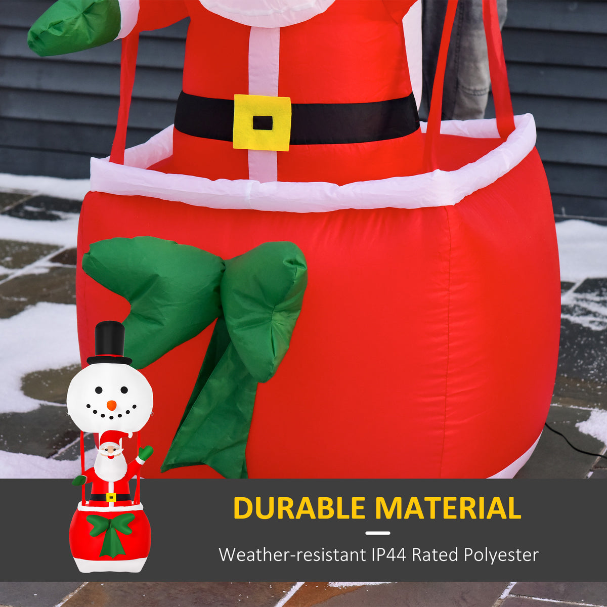 Inflatable Santa and snowman decoration with red balloon basket and green bow