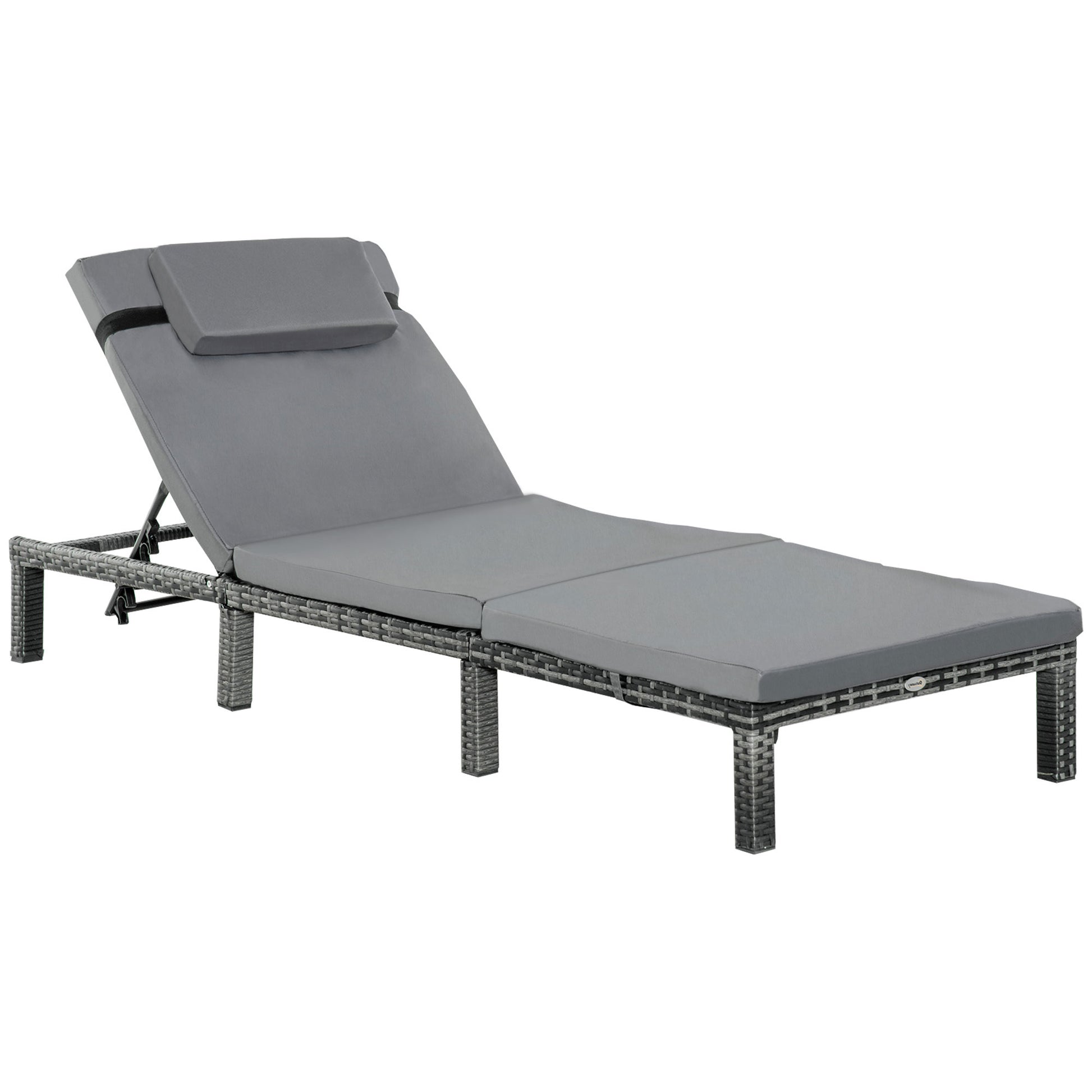 Photo of Outsunny Rattan Sun Lounger, 5-Level Adjustable Garden Lounger Recliner with Cushion and Headrest, Outdoor Reclining Sunbed, Steel Frame Garden Chair for Patio, Beach, Terrace, Dark Grey in Grey colour on a white background