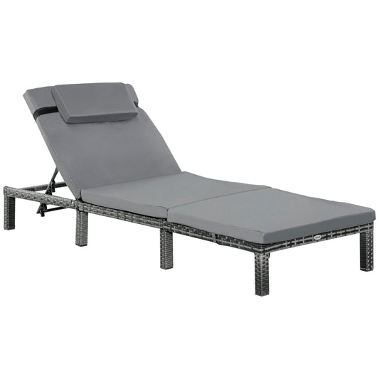 Photo of Outsunny Rattan Sun Lounger, 5-Level Adjustable Garden Lounger Recliner with Cushion and Headrest, Outdoor Reclining Sunbed, Steel Frame Garden Chair for Patio, Beach, Terrace, Dark Grey in Grey colour on a white background