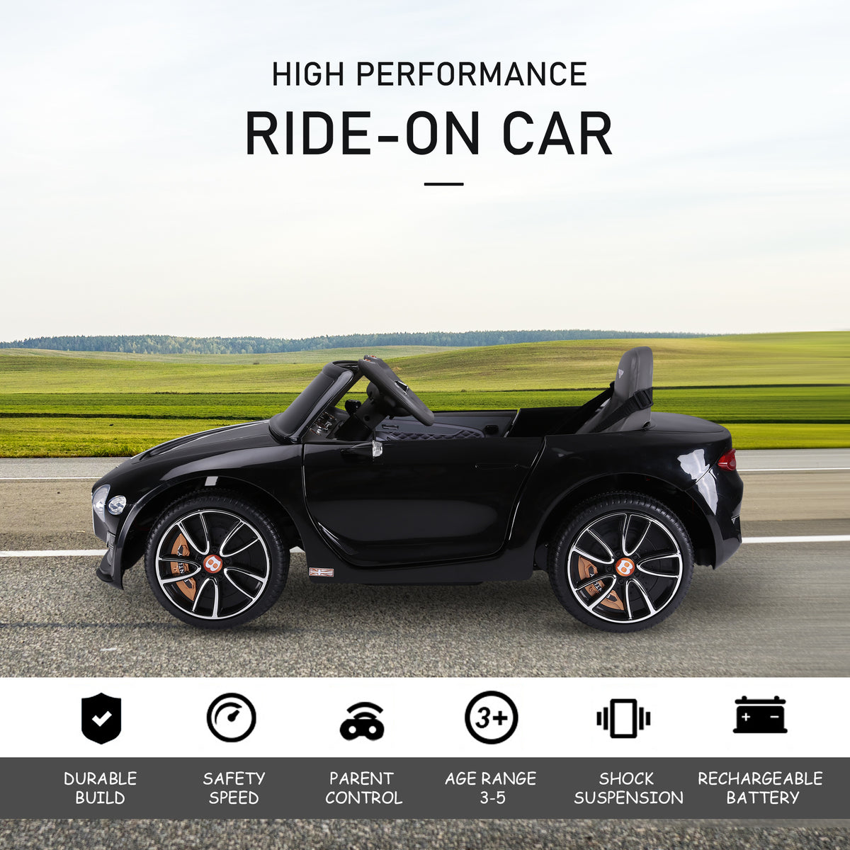 Side view of black HOMCOM Bentley GT ride-on car with open cabin and alloy-style wheels