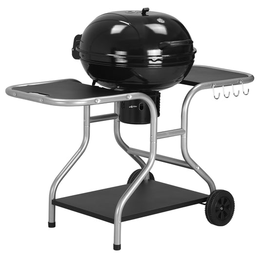 Photo of Outsunny Portable Charcoal Kettle Grill Outdoor Barbecue Trolley BBQ Heat Smoker Grilling with 2 Wheels, Storage Shelf and 4 Hooks, Free Standing, Black in Black colour on a white background