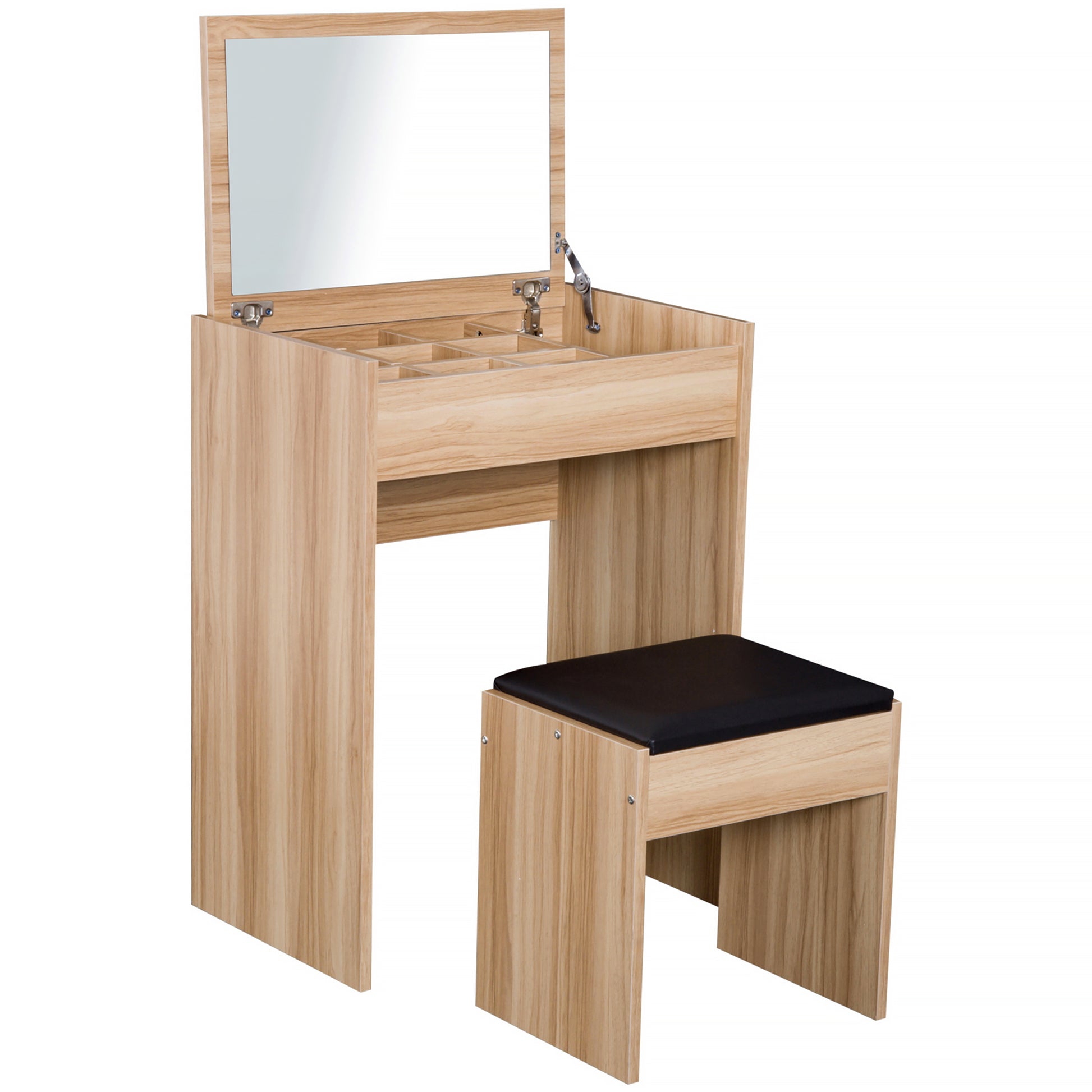 Photo of HOMCOM Dressing Table with Mirror and Stool, Vanity Makeup Table with Flip Up Mirror, Vanity Desk with Storage Unit and Padded Seat, Wood in Wood colour on a white background