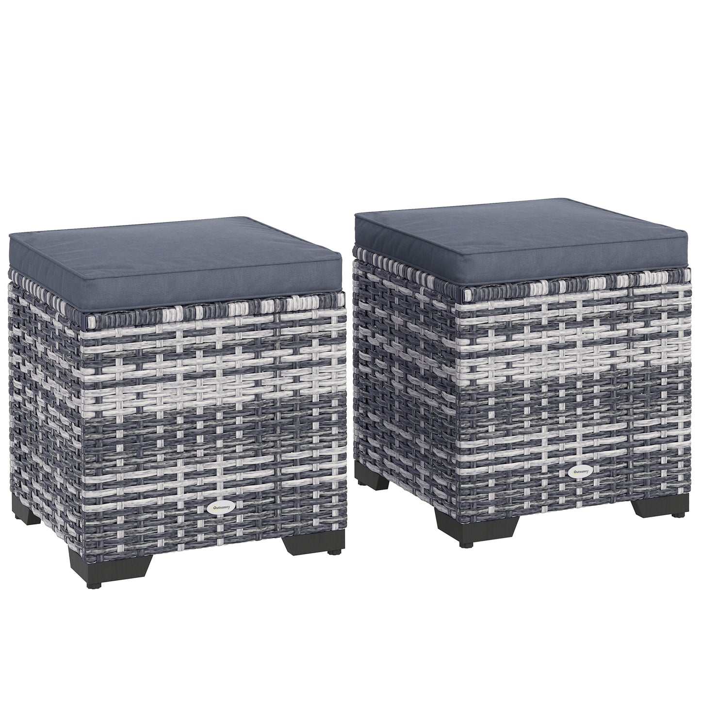 Photo of Outsunny Set of 2 Rattan Storage Ottoman, Outdoor Footstool with Removable Cushions, Garden Storage Seat for Balcony, Porch, Living Room, Dark Grey in Grey colour on a white background