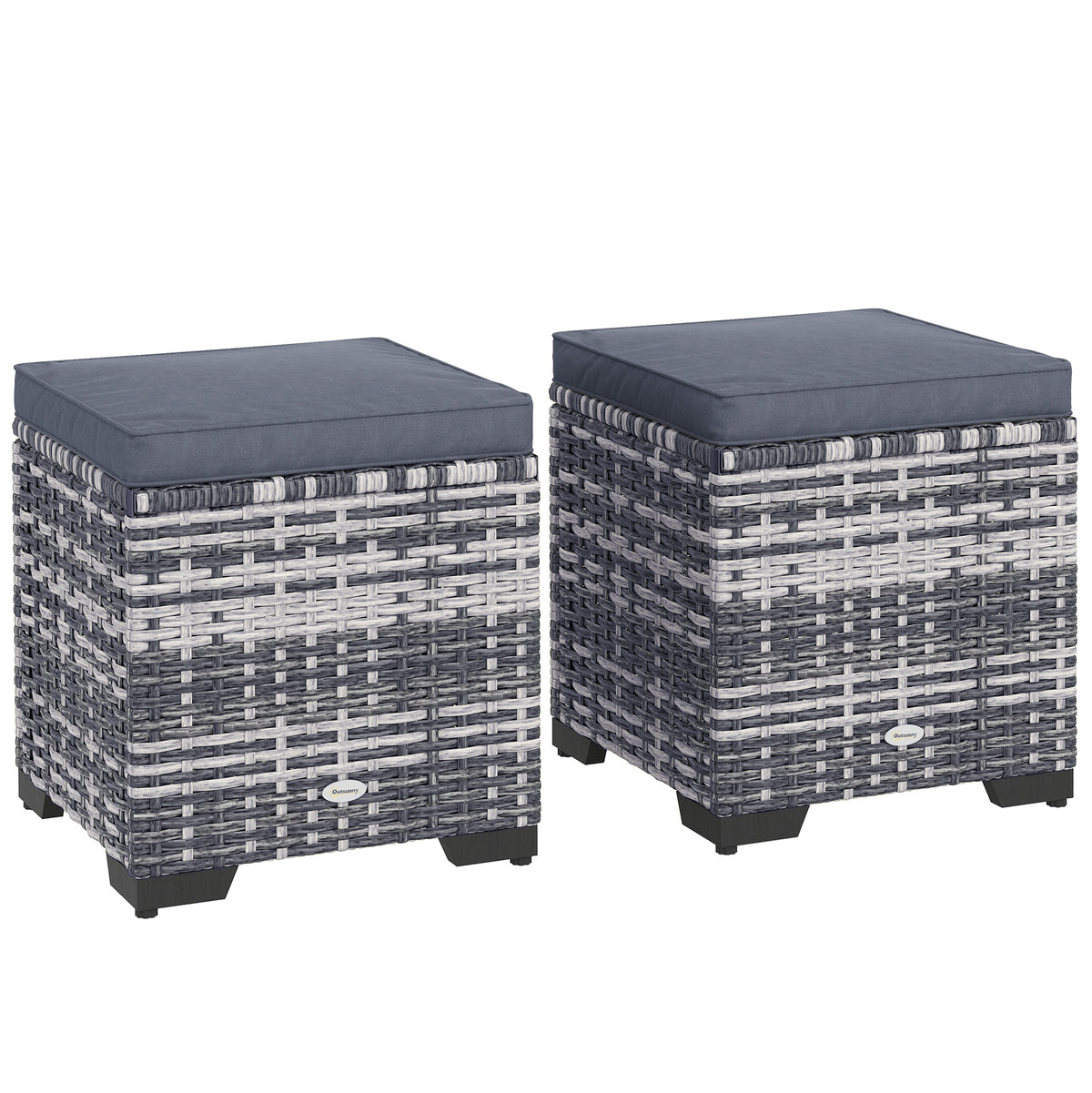 Photo of Outsunny Set of 2 Rattan Storage Ottoman, Outdoor Footstool with Removable Cushions, Garden Storage Seat for Balcony, Porch, Living Room, Dark Grey in Grey colour on a white background