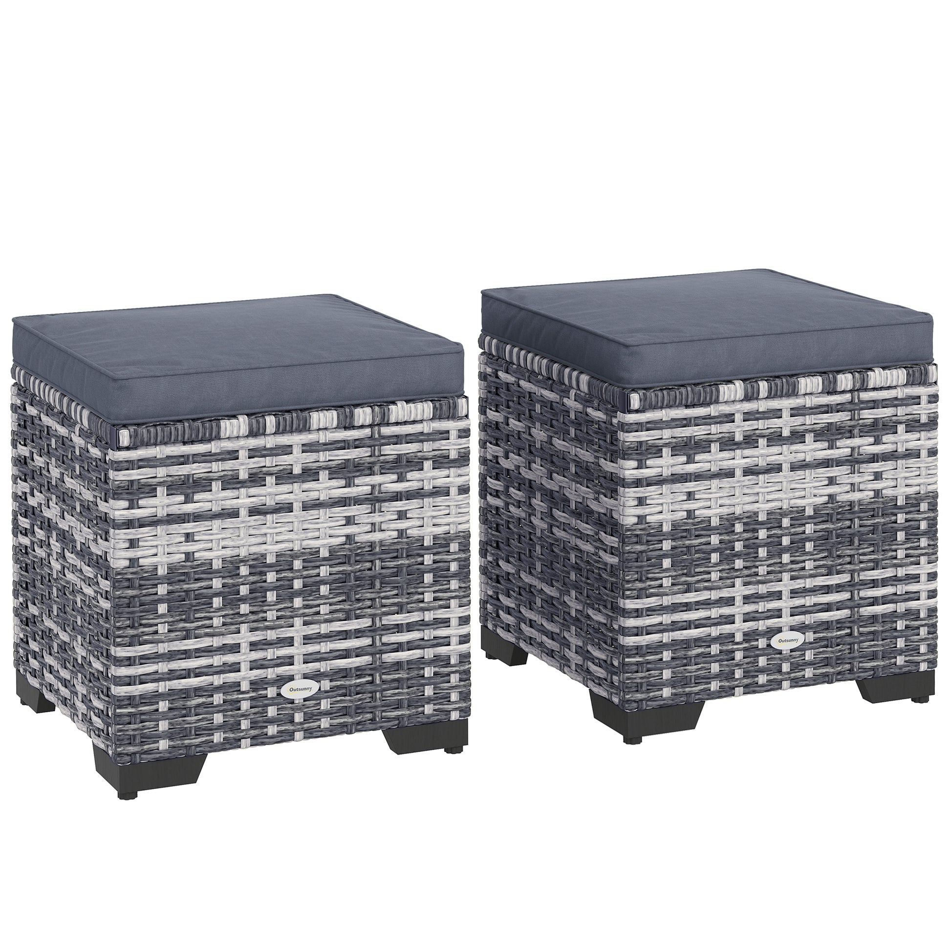 Photo of Outsunny Set of 2 Rattan Storage Ottoman, Outdoor Footstool with Removable Cushions, Garden Storage Seat for Balcony, Porch, Living Room, Dark Grey in Grey colour on a white background