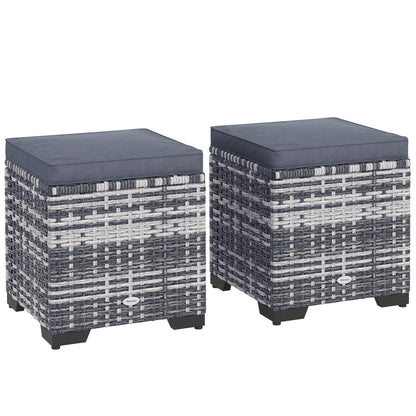 Set of two dark gray rattan storage ottomans with removable padded cushions