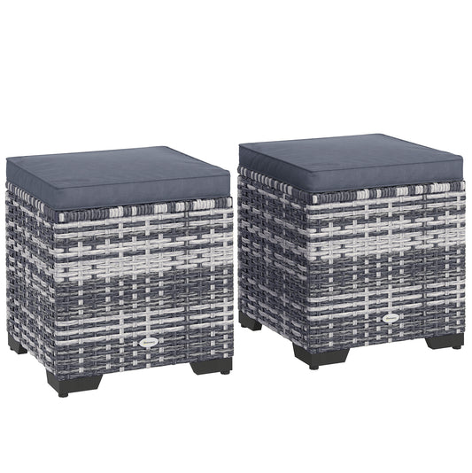 Photo of Outsunny Set of 2 Rattan Storage Ottoman, Outdoor Footstool with Removable Cushions, Garden Storage Seat for Balcony, Porch, Living Room, Dark Grey in Grey colour on a white background