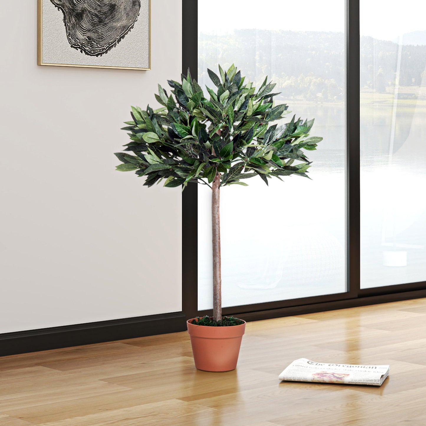 Outsunny Artificial Bay Tree In Pot, 3ft Tall Indoor Outdoor Garden Topiary Ball with Solid Wood Trunk, Realistic Lush Green Leaves for Home Office Garden Porch
