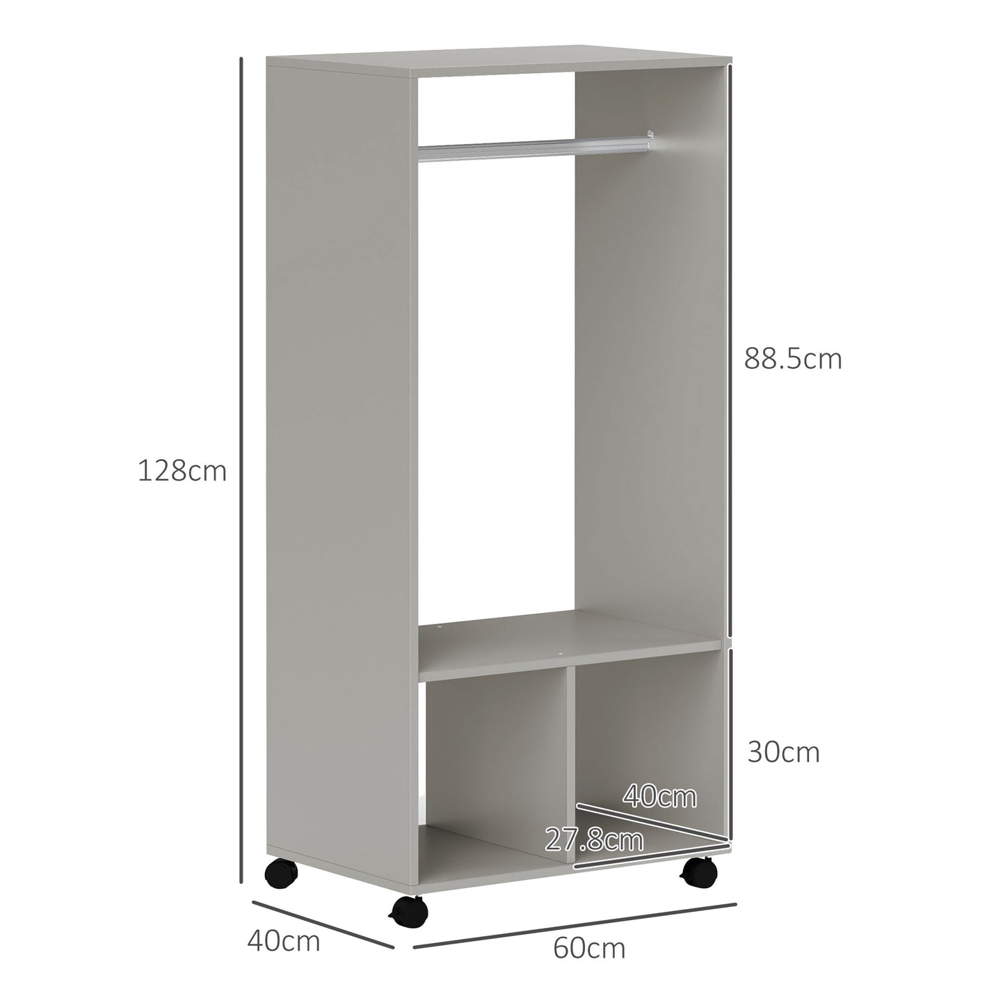 HOMCOM Open Wardrobe on Wheels, Bedroom Wardrobe with Clothes Hanging Rail, 2 Storage Shelves, Mobile Garment Rack for Cloakroom, Hallway, Grey