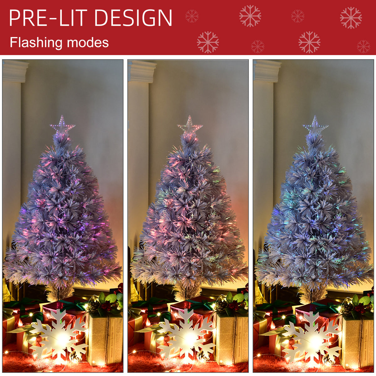 Pre-lit white artificial Christmas tree displaying purple, multicolour and blue flashing light modes.