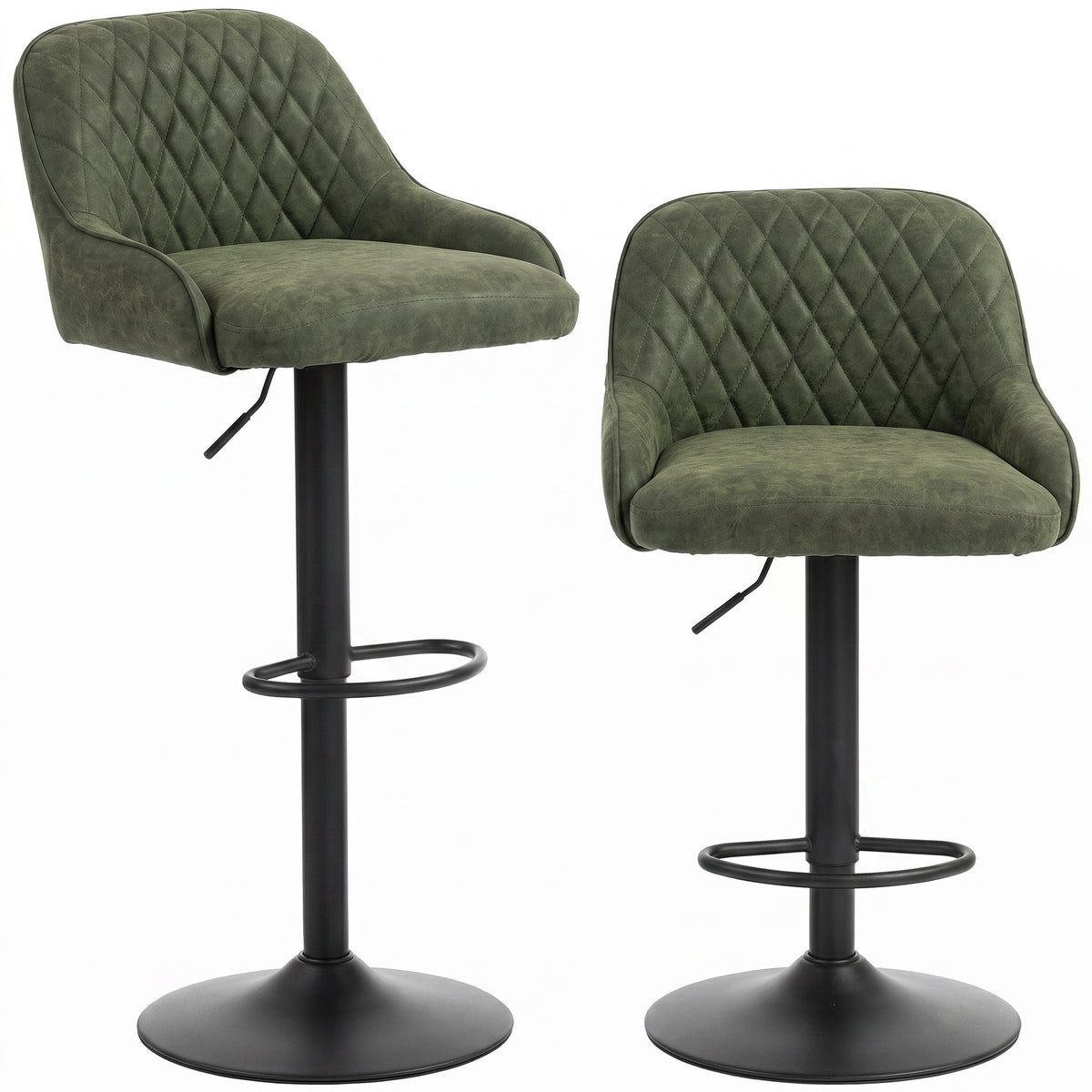 Photo of HOMCOM Bar Stools Adjustable Swivel Kitchen Chairs with Backrest Set of 2 for Kitchen Island Dark Green in Green colour on a white background