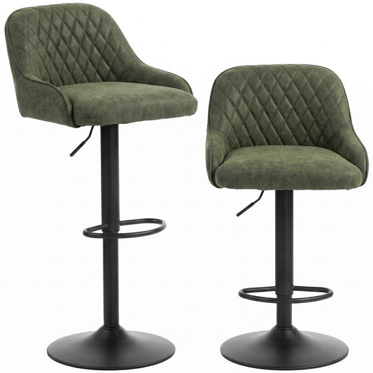 Photo of HOMCOM Bar Stools Adjustable Swivel Kitchen Chairs with Backrest Set of 2 for Kitchen Island Dark Green in Green colour on a white background