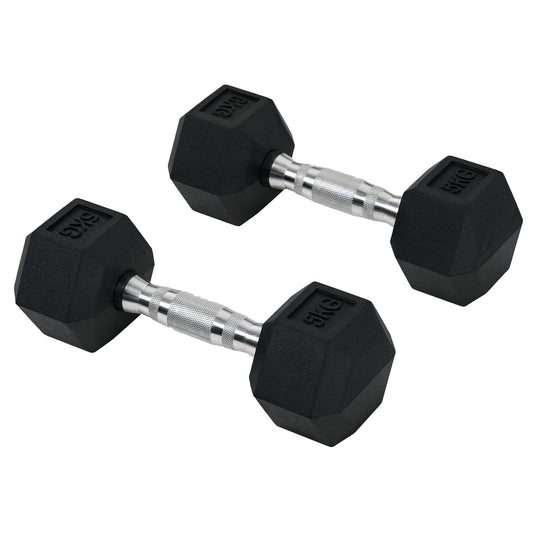Pair of black 5 kg hex dumbbells with textured metal handles