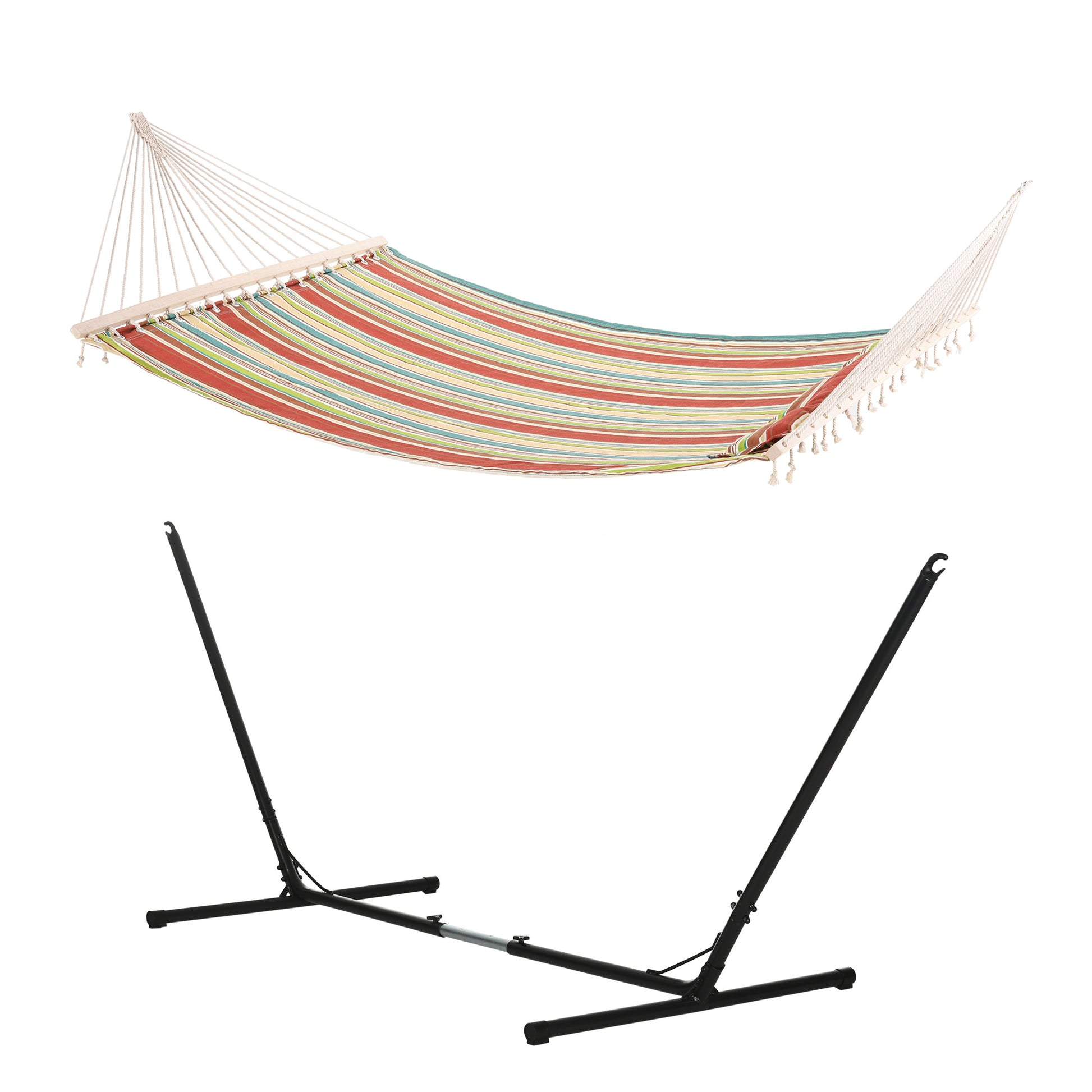 Photo of Outsunny Outdoor Garden Hammock with Stand, Double Cotton Hammock with Adjustable Steel Frame, Swing Hanging Bed with Pillow, for Garden, Patio, Beach, Red Stripes in Stripes colour on a white background