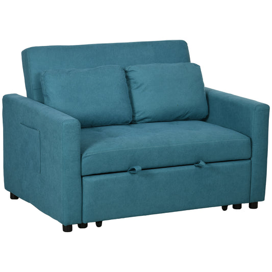 Photo of HOMCOM Loveseat Sofa Bed, Convertible Bed Settee with 2 Pillows, Side Pockets, Blue in Blue colour on a white background