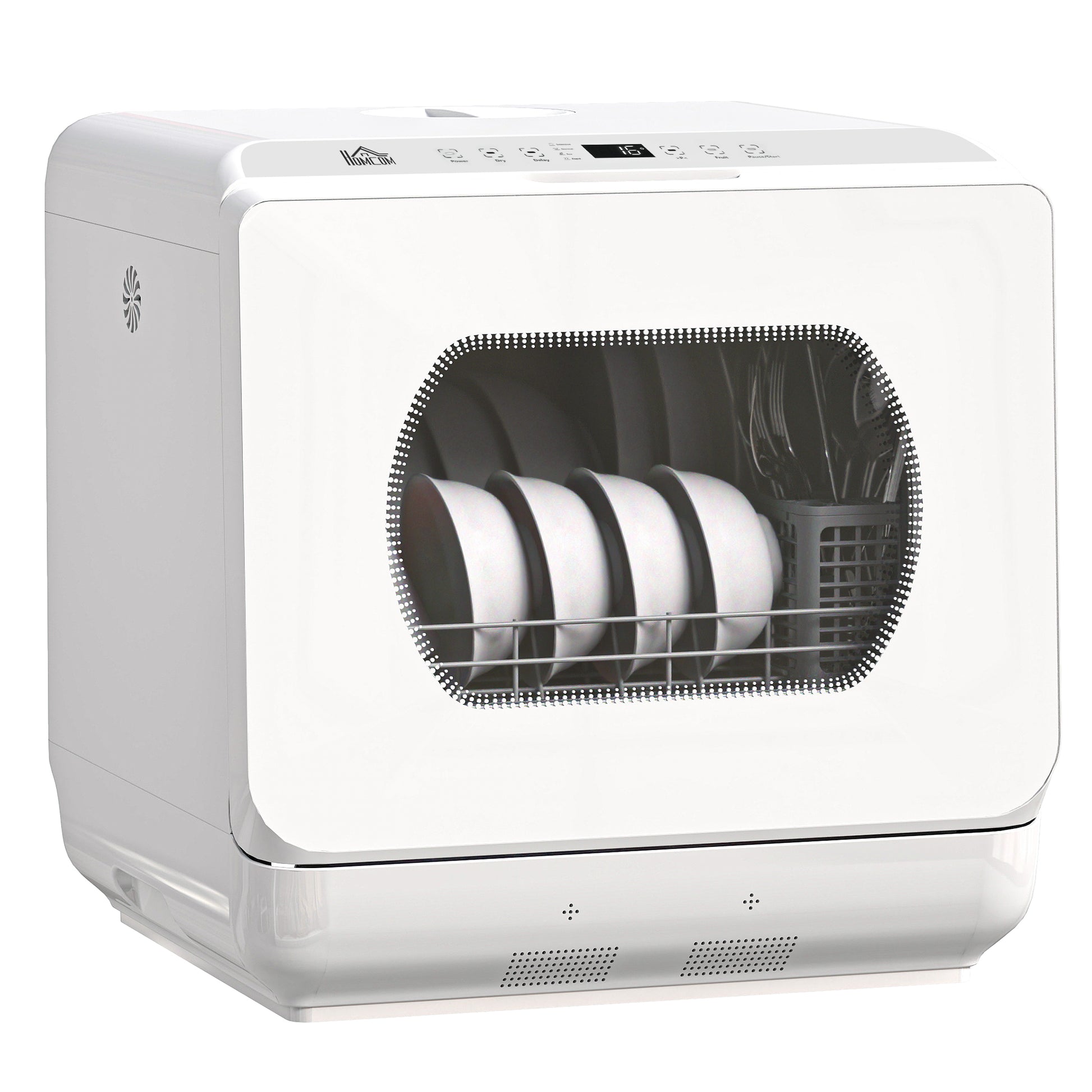 Photo of HOMCOM Table Top Dishwasher with Built-in 6L Water Tank, Mini Countertop Dishwasher with 6 Programs, 4 Place Settings, White in White colour on a white background