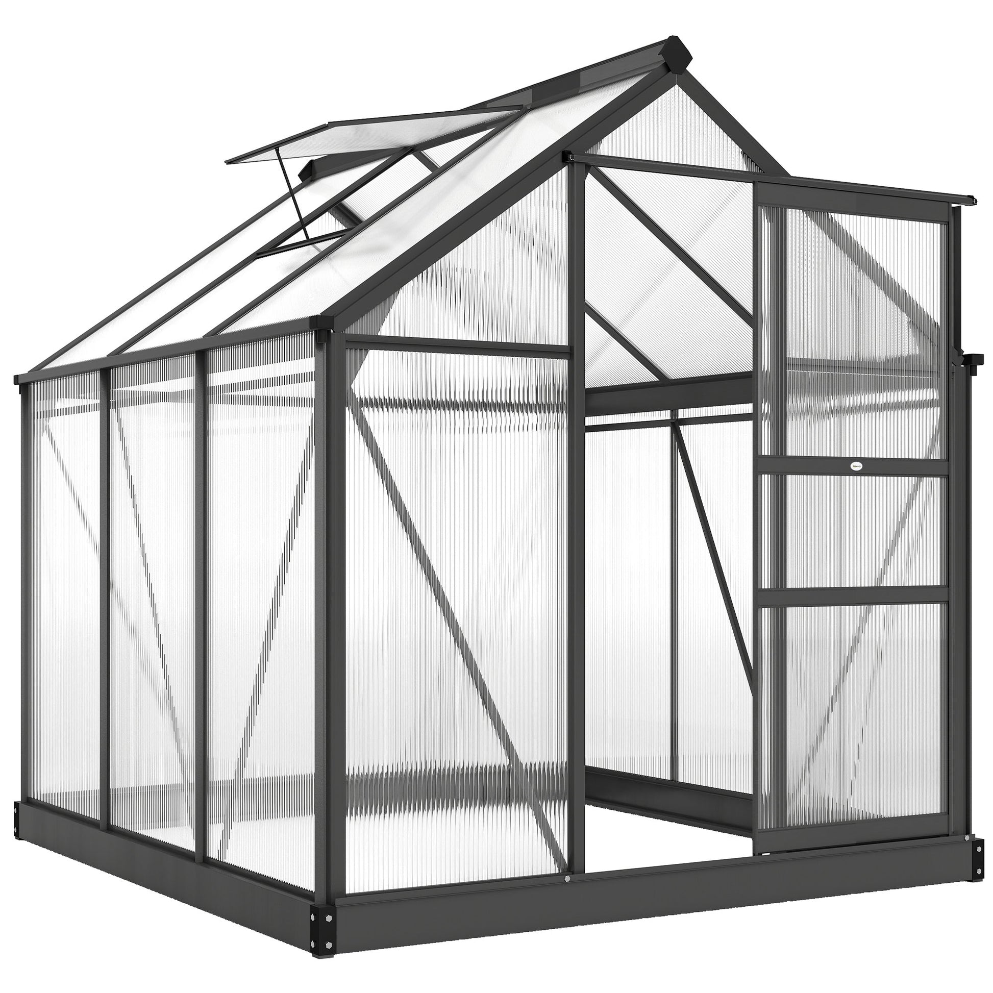 Photo of Outsunny 6 x 6ft Polycarbonate Greenhouse, Large Walk in Green House with Slide Door and Window, Garden Plants Grow House with Aluminium Frame and Foundation, Grey in Grey colour on a white background