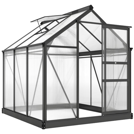 Photo of Outsunny 6 x 6ft Polycarbonate Greenhouse, Large Walk in Green House with Slide Door and Window, Garden Plants Grow House with Aluminium Frame and Foundation, Grey in Grey colour on a white background