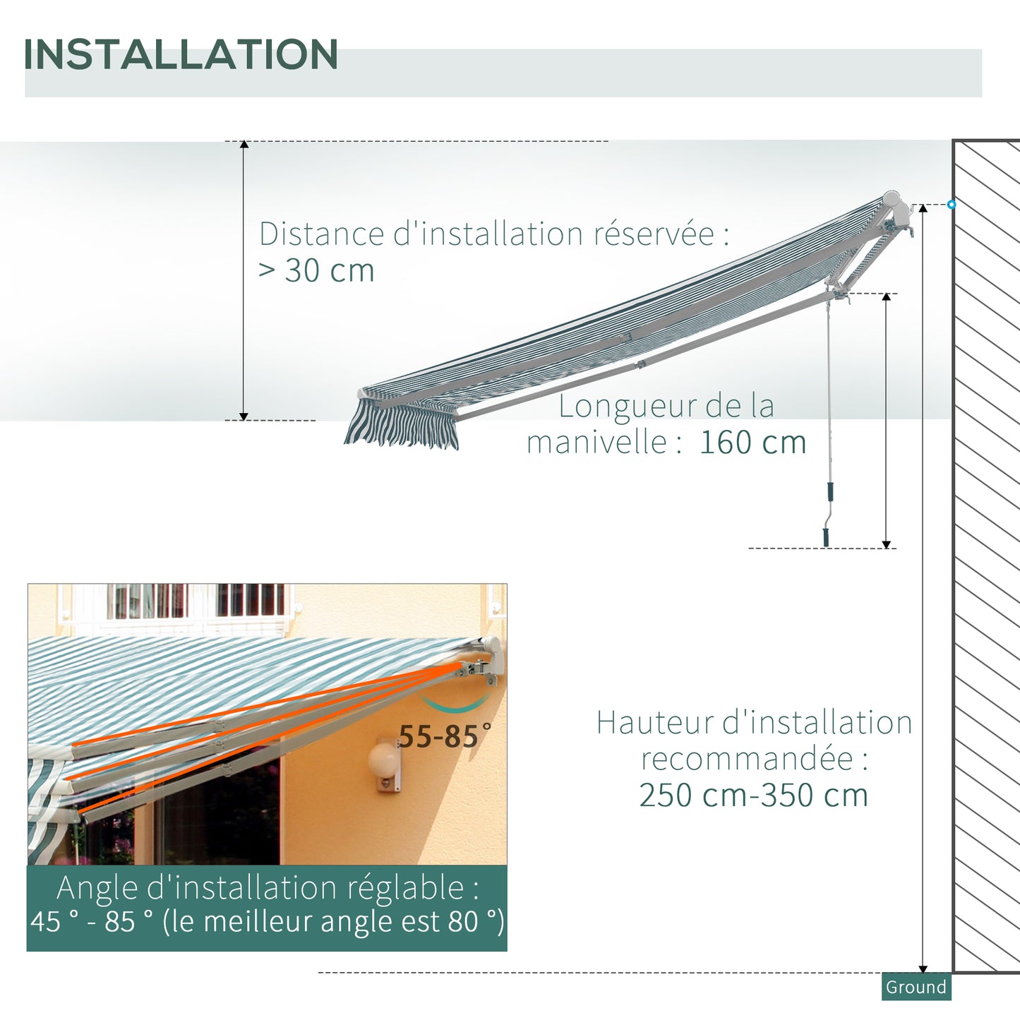Outsunny Manual Retractable Awning, size (4m x3m)-Green/White Stripes