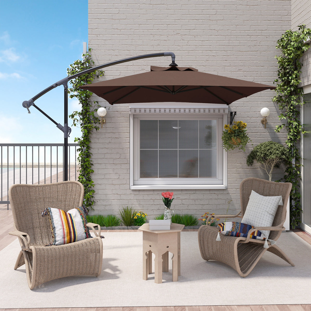 Outsunny 3m Square Canopy Cantilever Parasol, with Cross Base - Brown