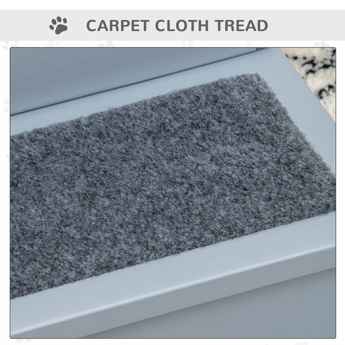 PawHut pet stair tread with a close-up of its gray carpet covering