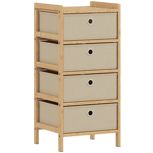 Photo of HOMCOM Chest of Drawers, 4 Fabric Drawers Narrow Dresser with Bamboo Frame, Cream White in White colour on a white background