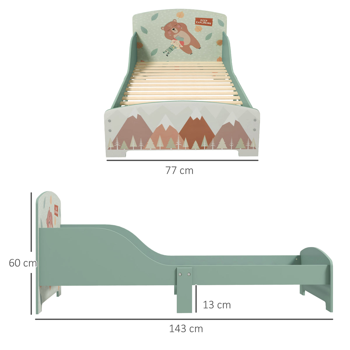 ZONEKIZ toddler bed dimensions: 143 cm long, 77 cm wide, 60 cm high