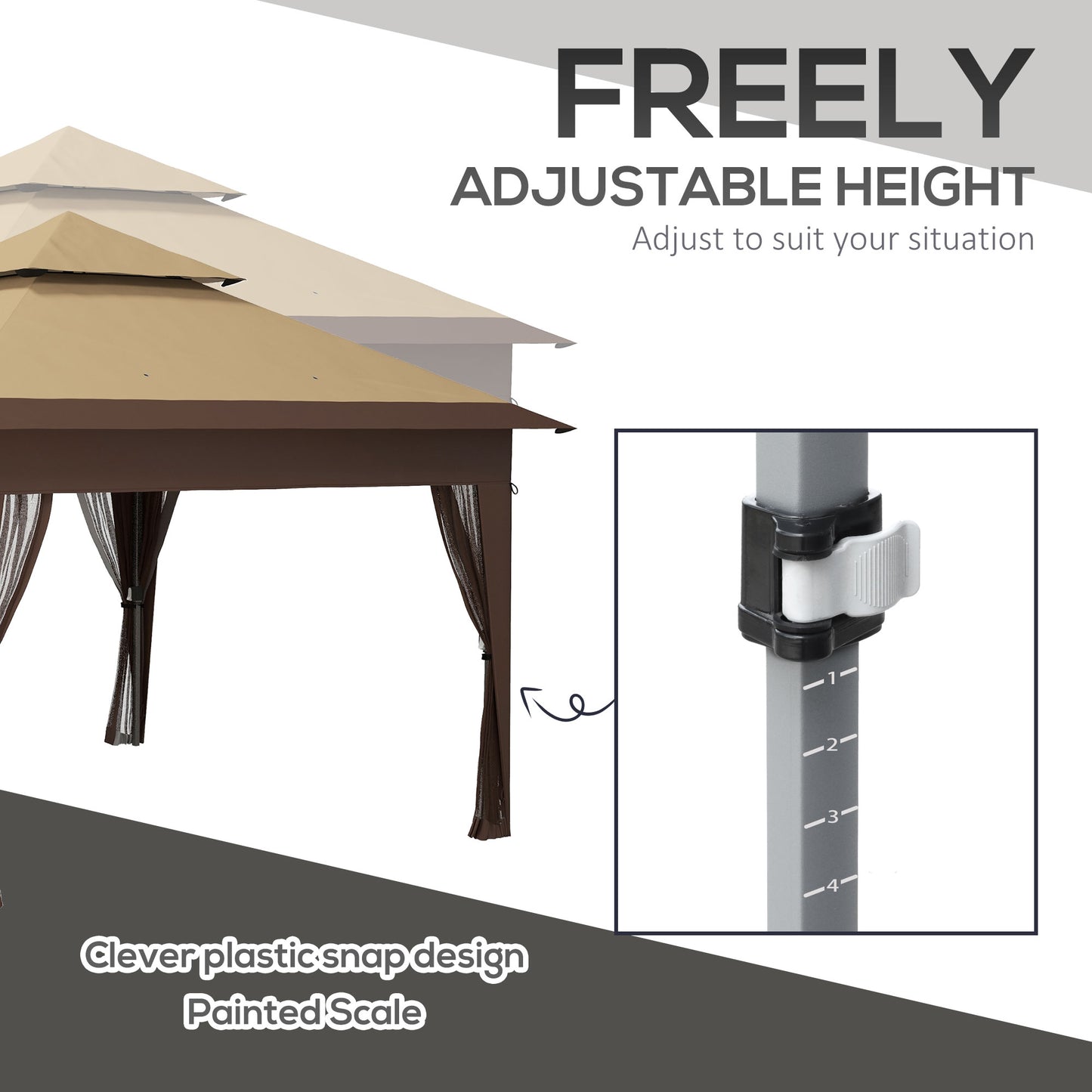 Outsunny 3 x 3(m) Pop Up Gazebo with Mosquito Netting, Easy Setup Marquee Party Tent with 1-Button Push, Double Roof, Carry Bag, Sandbags, Height Adjustable Instant Shelter, Khaki