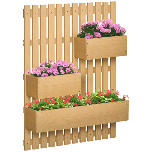 Photo of Outsunny Wall-mounted Wooden Garden Planters with Trellis, Drainage Holes and 3 Planter Boxes for Patio, Natural in Natural colour on a white background
