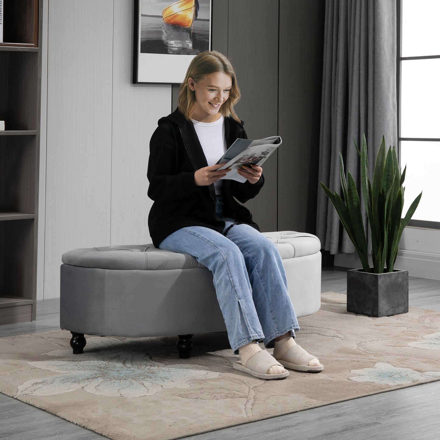 HOMCOM Semi-Circle Ottoman Storage Bench, Bed End Bench, Tufted Upholstered Window Seat Footrest Stool with Rubberwood Legs for Bedroom & Entryway, 120 x 46 x 42 cm, Light Grey