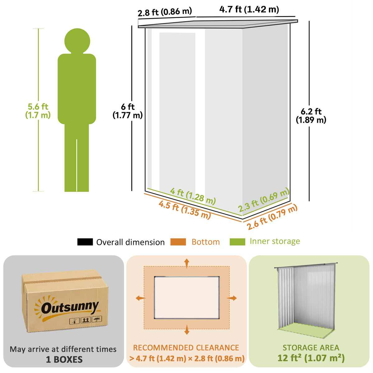 Outsunny metal garden shed dimension diagram with storage area and clearance measurements