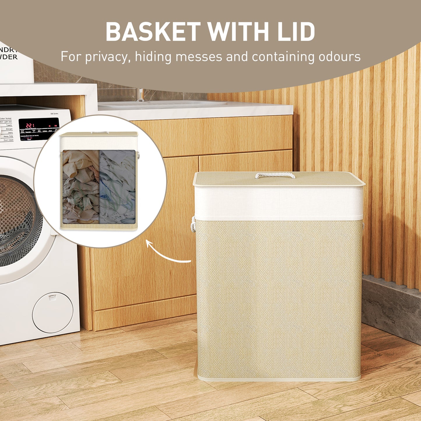 HOMCOM 2 Section Laundry Basket with Lid, 100L Bamboo Laundry Hamper with Handles, Removable and Washable Liner, Cream White