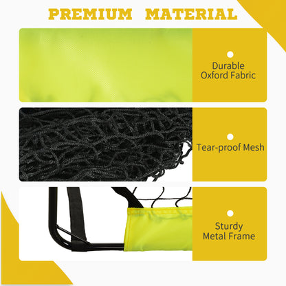 Football goal material details: yellow Oxford fabric, black mesh net, and sturdy metal frame