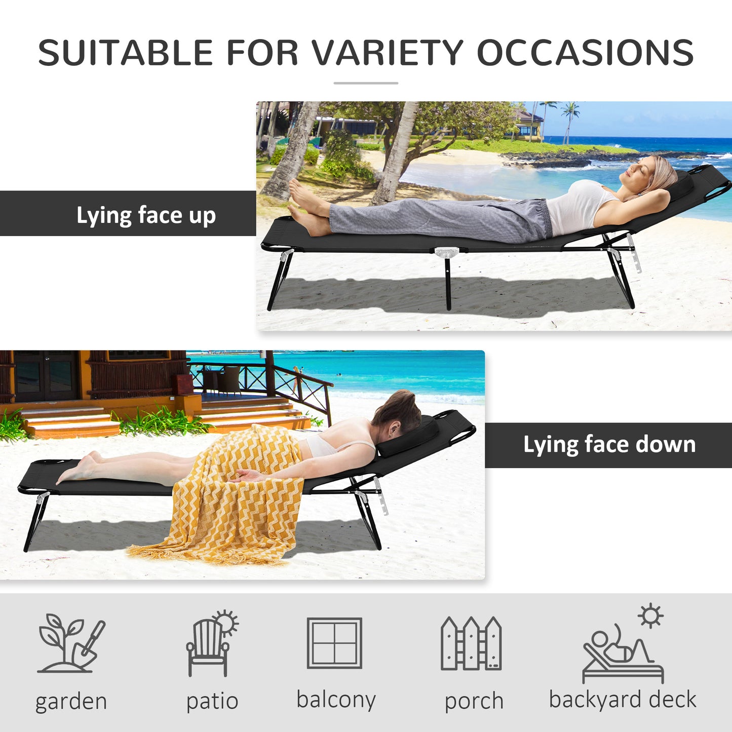 Outsunny Outdoor Folding Sun Lounger with Face Hole, 4 Level Adjustable Backrest Reclining Garden Lounger, Garden Recliner Sunbed with 600 D Oxford Cloth Seat and Pillow for Beach, Black