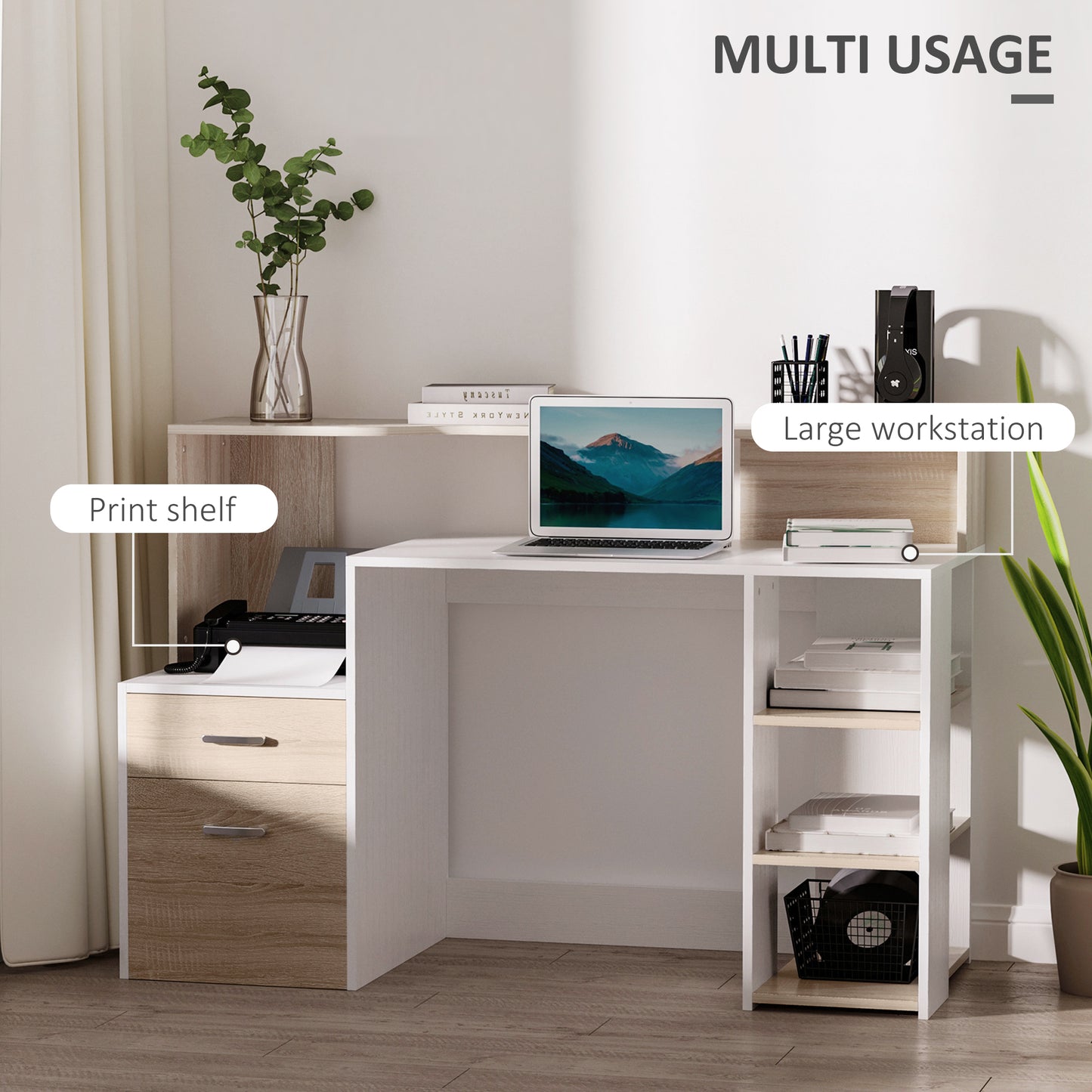 HOMCOM Computer Desk with Drawers and Storage Shelves, Office Desk Writing Table with Printer Stand, Large Workstation for Study Play Work Home Office, 137 x 55 x 92cm, Oak